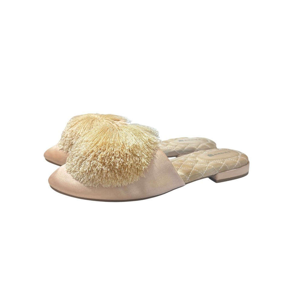 Birdies The Songbird Pom Pom‎ Satin Mules Womens 7.5 Gold Pointed Toe Slipper - Picture 3 of 13